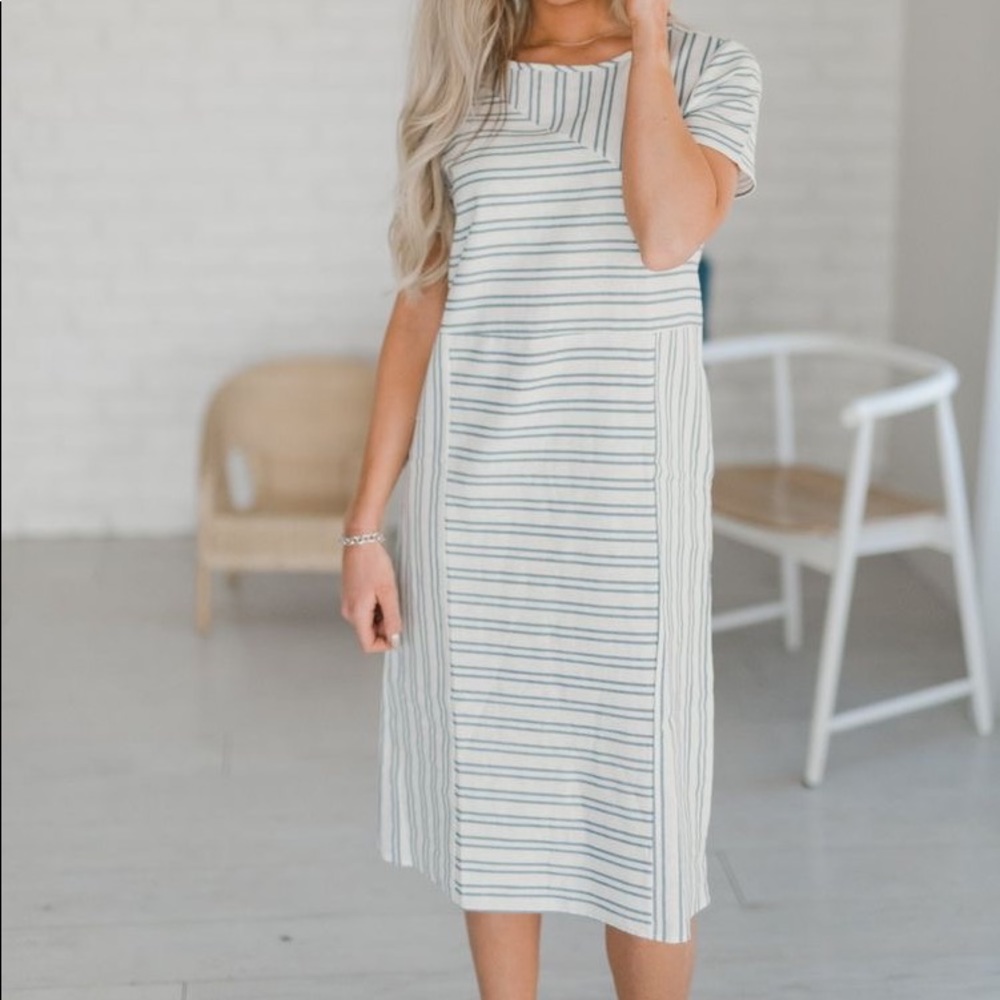 Off white and blue striped linen dress